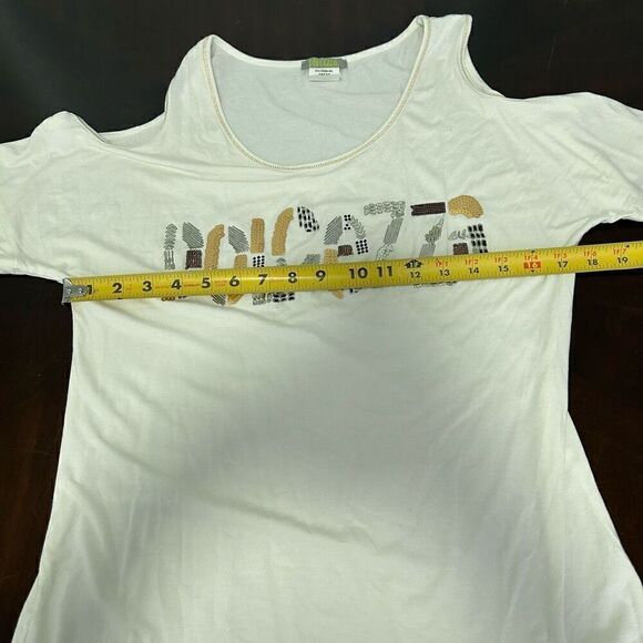 Dolcezza Sequin Logo Scoop Neck Cold Shoulder Top Size Small - Picture 7 of 11